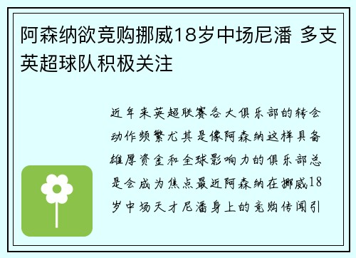 阿森纳欲竞购挪威18岁中场尼潘 多支英超球队积极关注