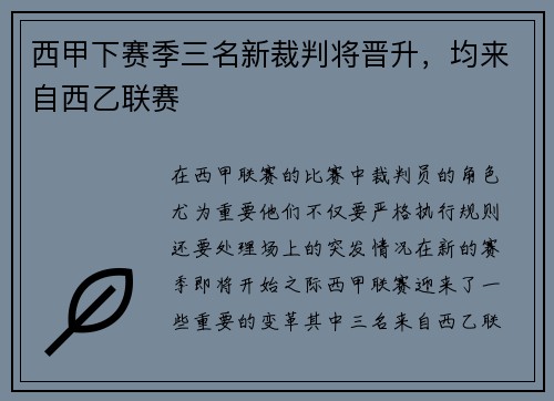 西甲下赛季三名新裁判将晋升，均来自西乙联赛